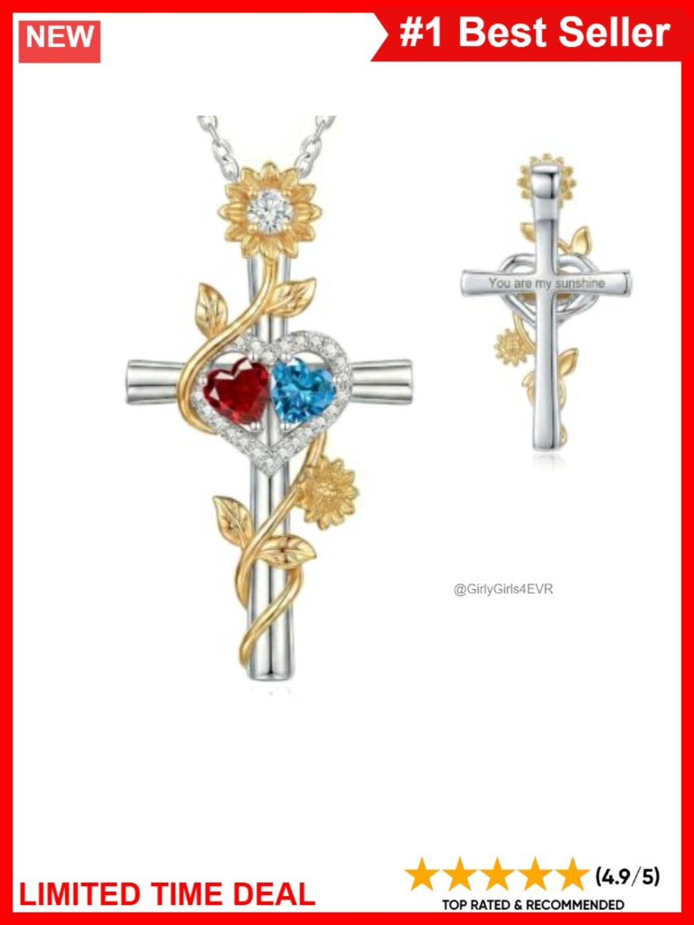 14k White Gold Plated Cross Sunflower Birthstone Necklace Women